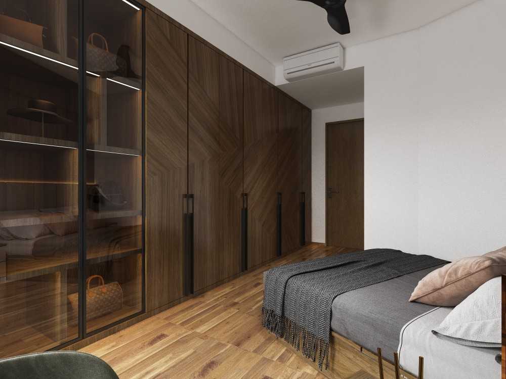 Contemporary Bedroom with Parquet Floor and Drop Ceiling