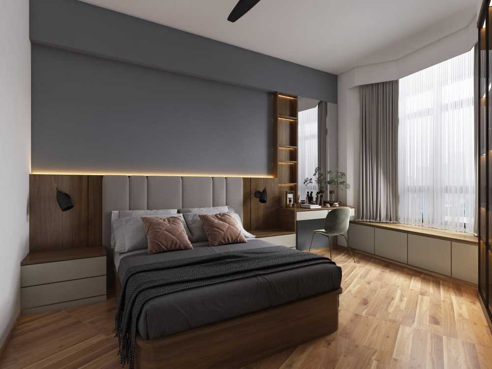 Contemporary Bedroom with Parquet Floor and Bay Window