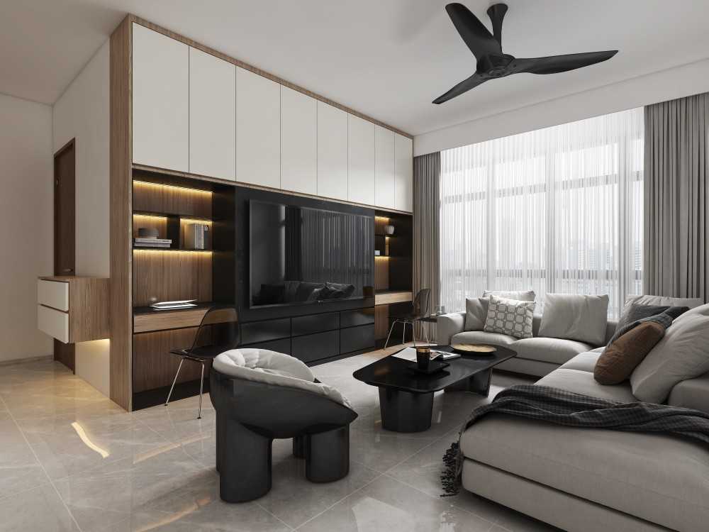 Contemporary Living Room with Homogeneous Tiles and TV Console