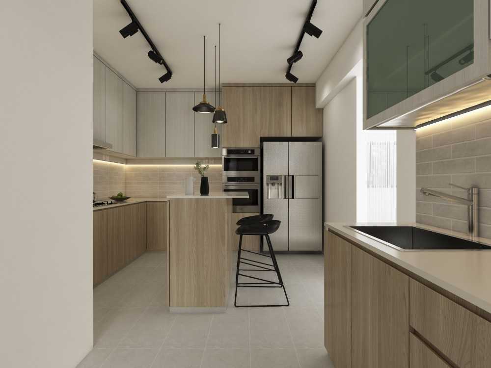Contemporary Kitchen with Homogeneous Tiles and Kitchen Island