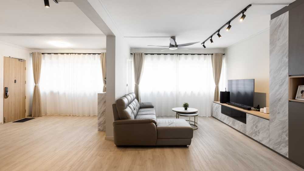 Scandinavian Living Room with Vinyl Flooring and TV Console