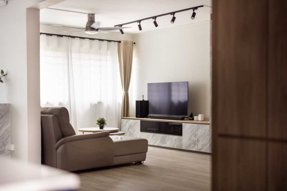 Scandinavian Living Room with Vinyl Flooring and TV Console