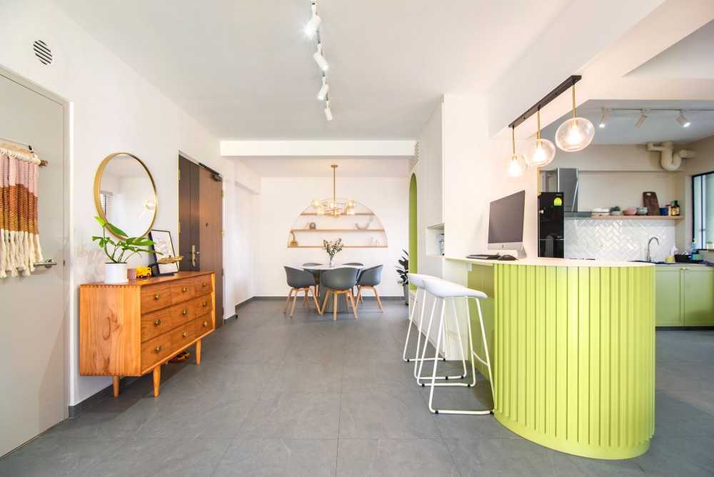 Modern Living Room with Homogeneous Tiles and Feature Wall