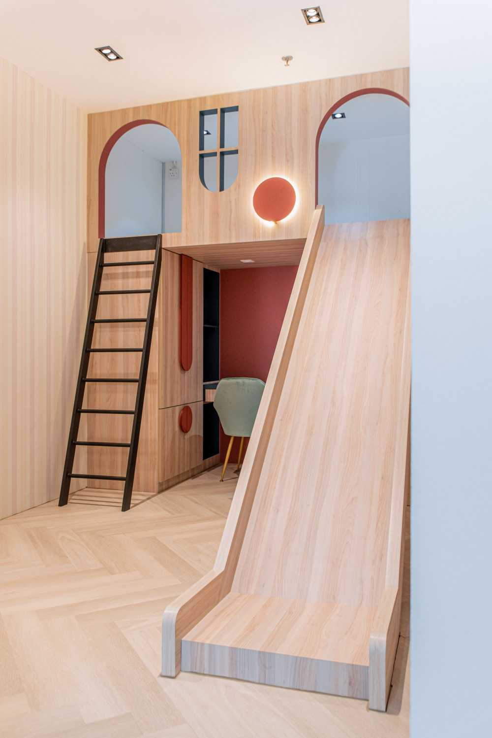Eclectic Kids Room with Built-in Bed and Bed
