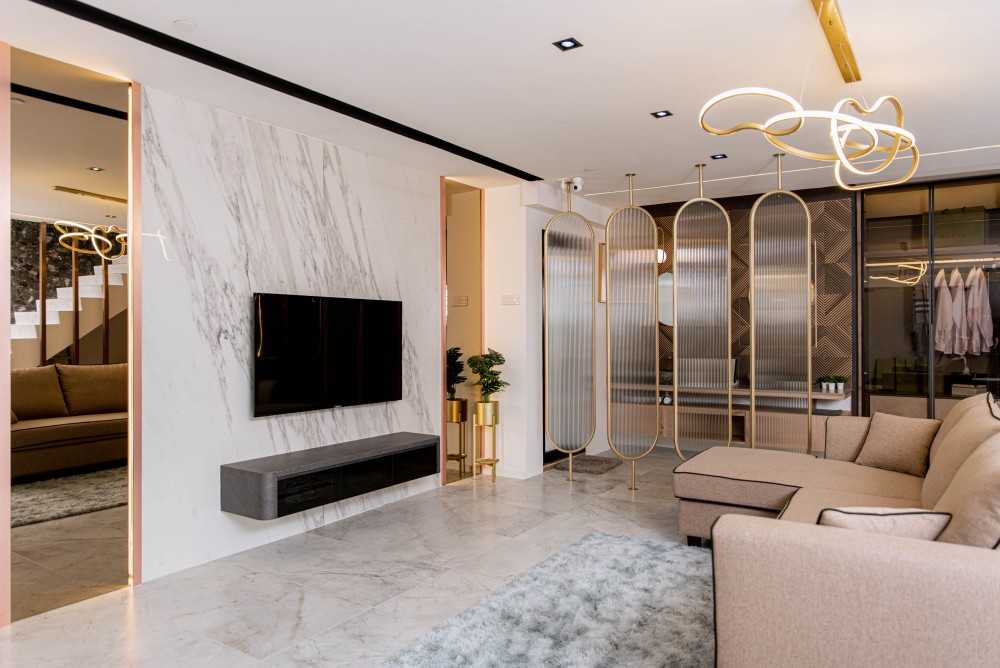 Eclectic Living Room with Marble Floor and Feature Wall