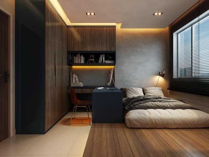Contemporary Bedroom with Bookshelf and Homogeneous Tiles