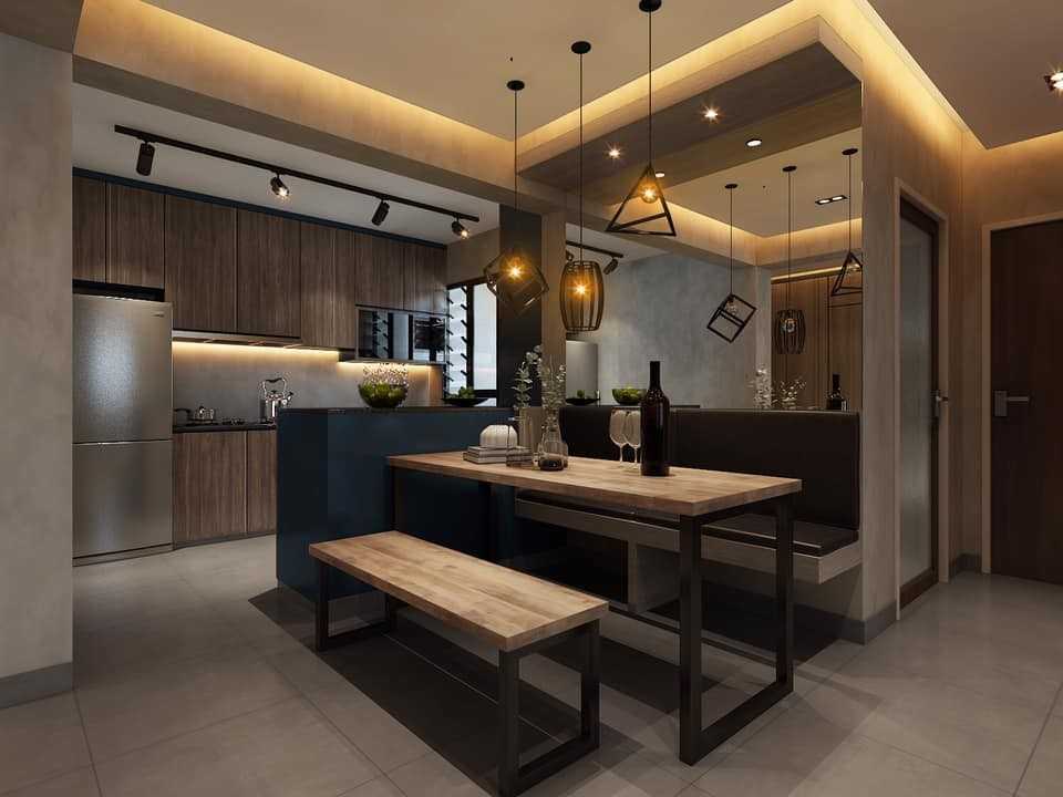Contemporary Kitchen with Homogeneous Tiles and Cove Lighting