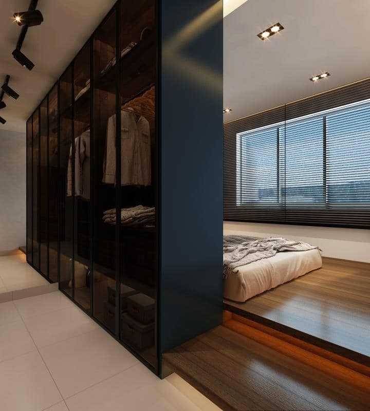 Contemporary Bedroom with Homogeneous Tiles and Cove Lighting