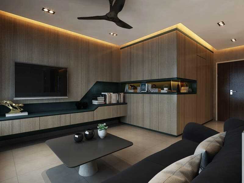 Contemporary Living Room with Bookshelf and Homogeneous Tiles