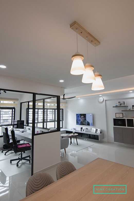 Modern Hallway with Bookshelf and Artwork