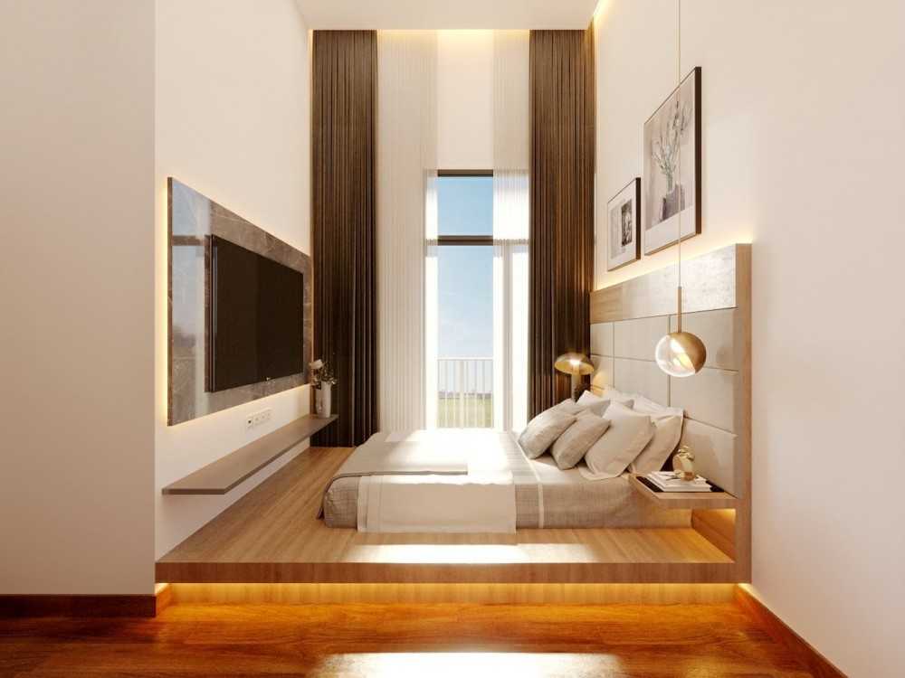 Contemporary Bedroom with Parquet Floor and Feature Wall