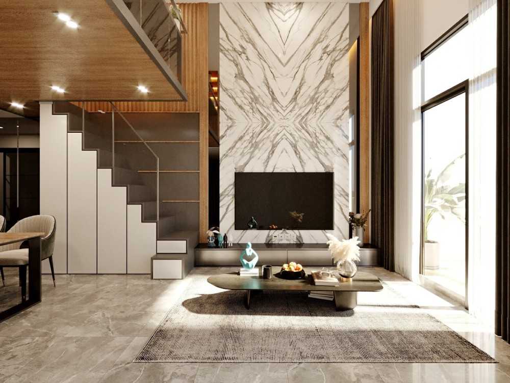Contemporary Living Room with Marble Floor and TV Console