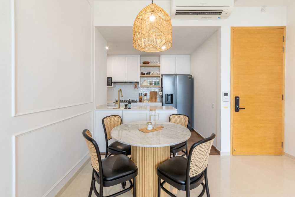 Minimalist Dining Room with Countertop and Chandelier