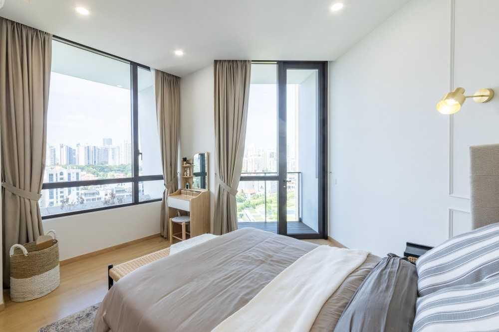 Minimalist Bedroom with Wood Flooring and Ceiling Light