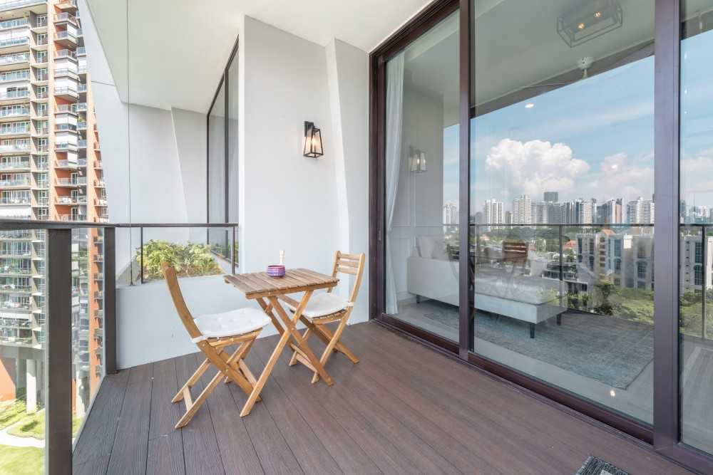Minimalist Balcony with Bay Window and Window Seat