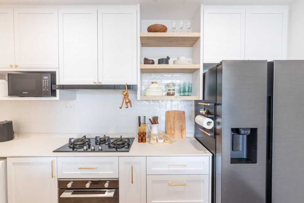 Minimalist Kitchen with Kitchen Window and Cupboard