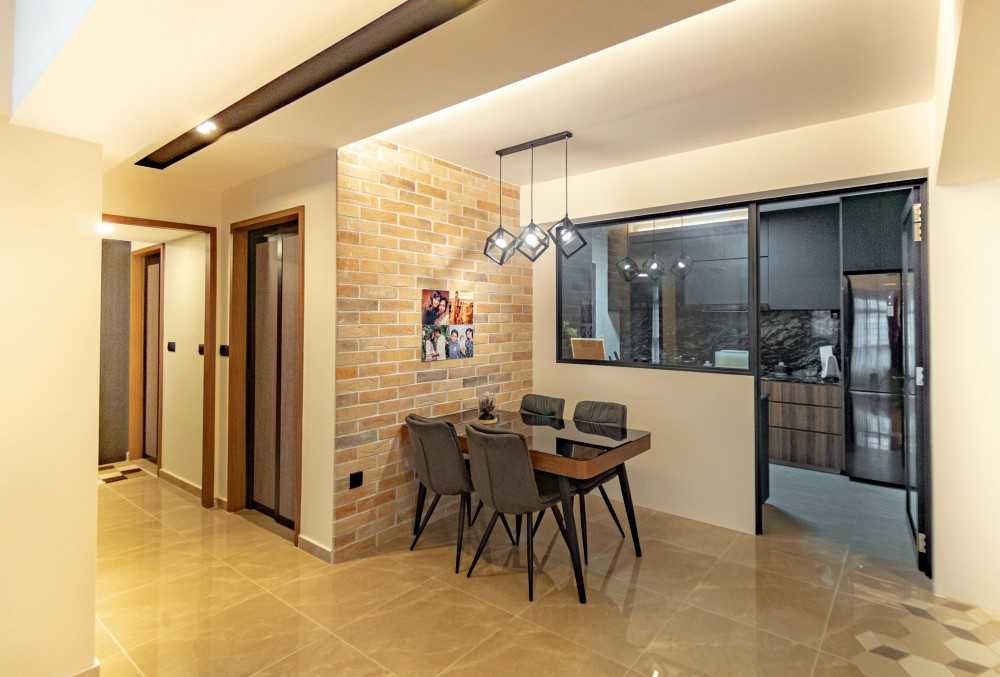 Vintage Dining Room with Feature Wall and Drop Light