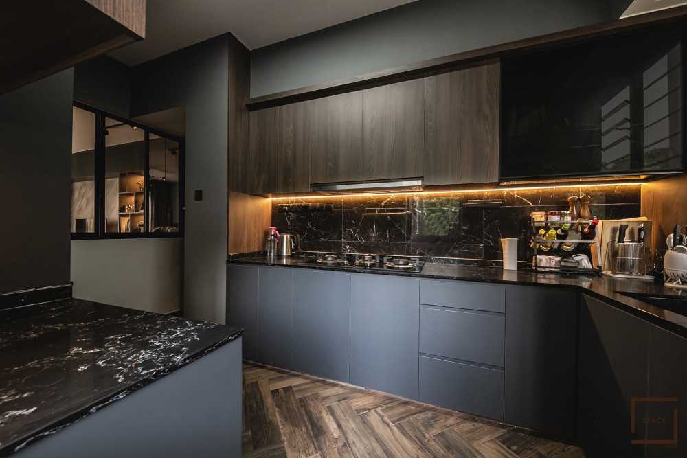 Contemporary Kitchen with Kitchen Window and Cupboard
