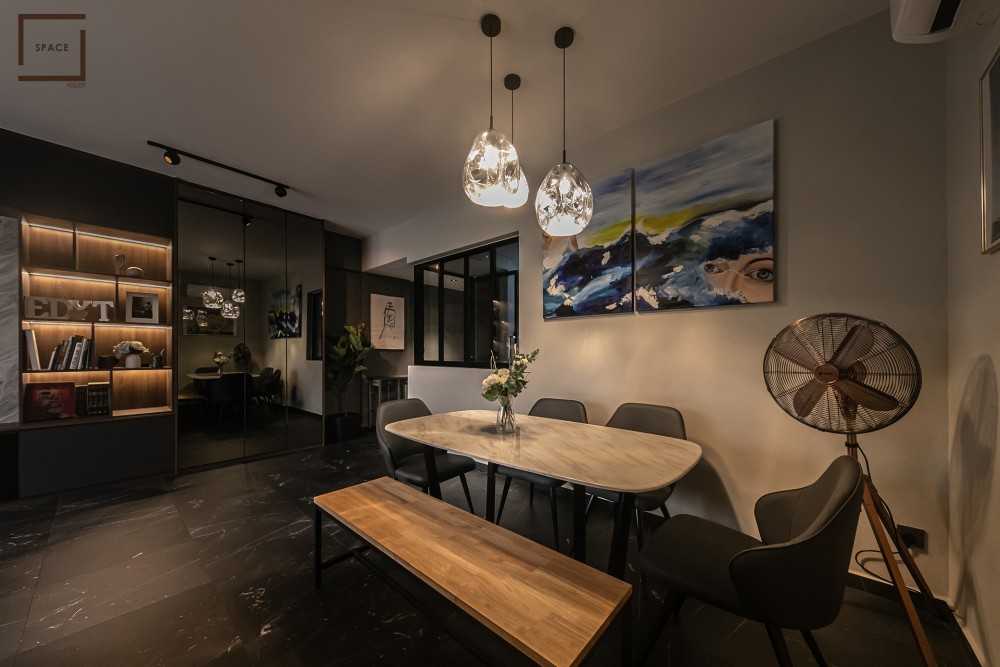 Contemporary Dining Room with TV Console and Drop Light