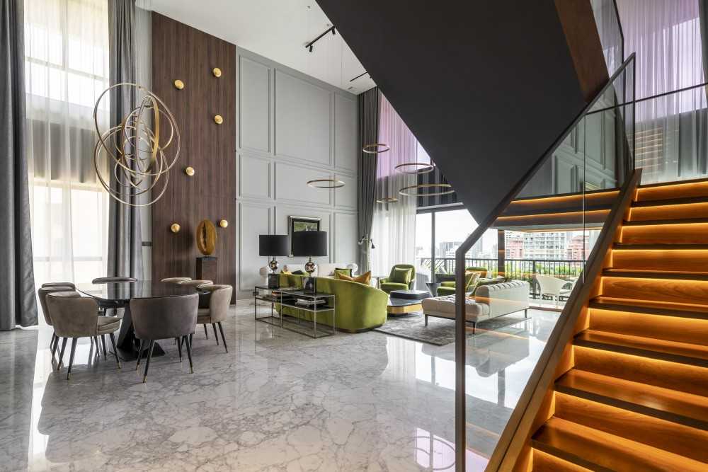 Contemporary Living Room with Marble Floor and Feature Wall