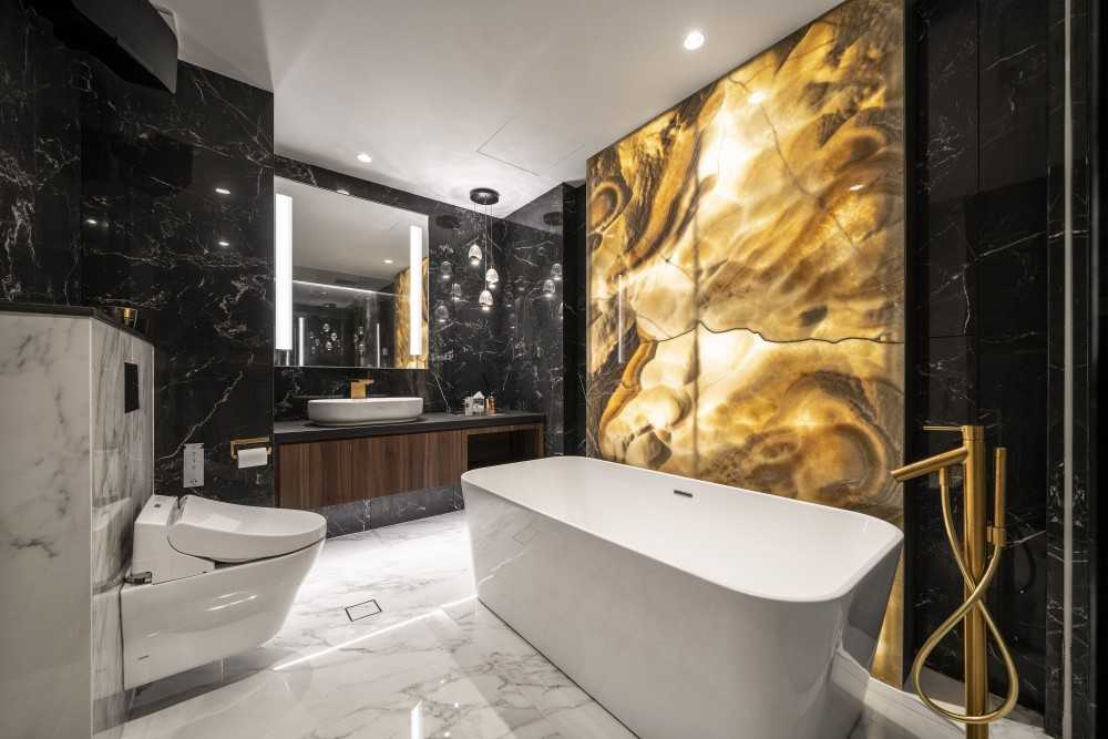 Contemporary Bathroom with Marble Floor and Mirror