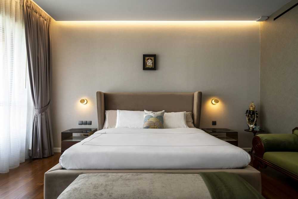 Contemporary Bedroom with Wood Flooring and Cove Lighting
