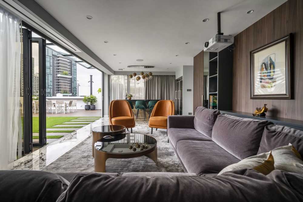 Contemporary Home Theatre with Sofa and Coffee Table