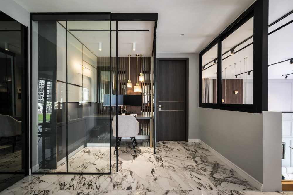 Contemporary Study with Drop Light and Storage Cabinets