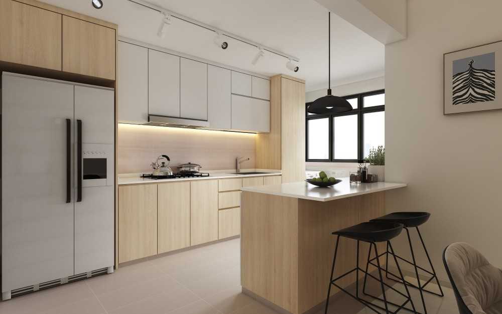 Contemporary Kitchen with Homogeneous Tiles and Kitchen Island