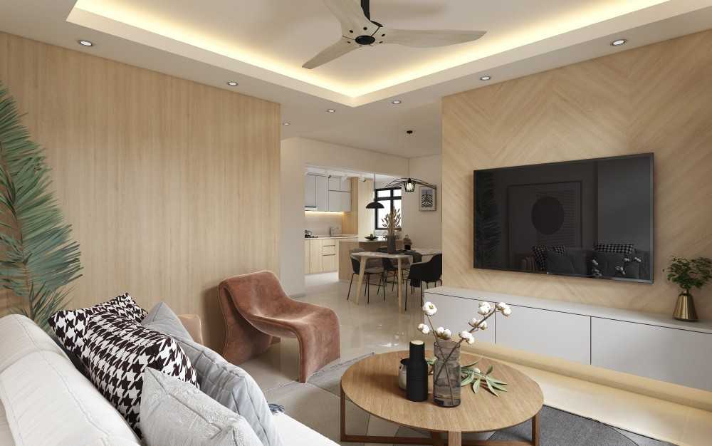 Contemporary Living Room with Homogeneous Tiles and TV Console
