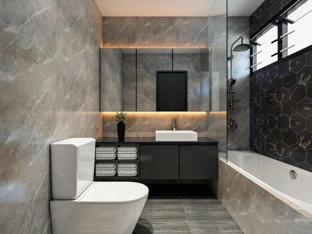 Contemporary Bathroom with Countertop and Homogeneous Tiles