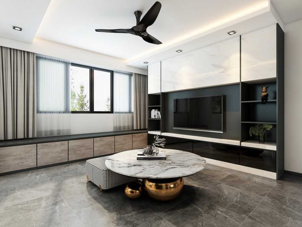 Contemporary Living Room with Homogeneous Tiles and TV Console