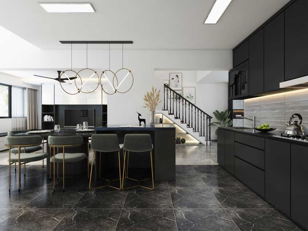 Contemporary Kitchen with Homogeneous Tiles and Kitchen Island