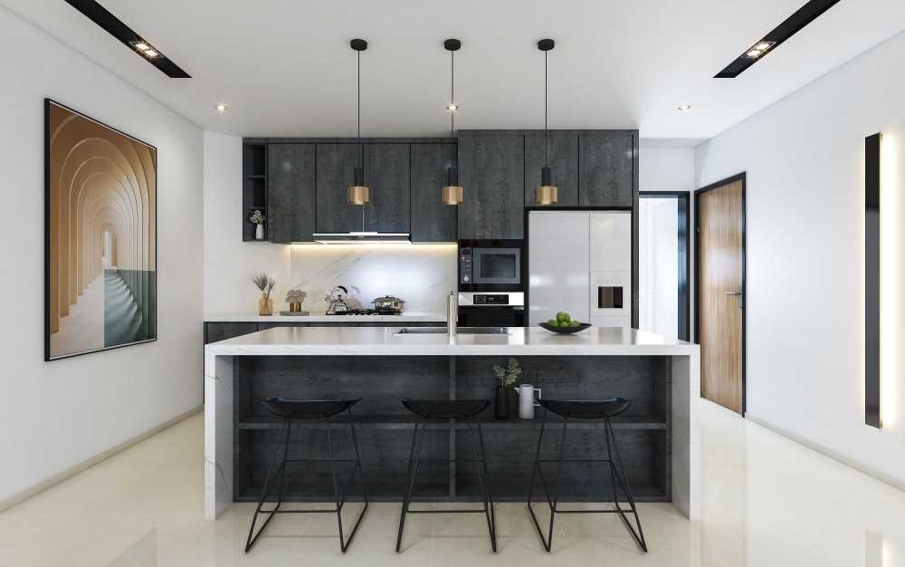 Contemporary Kitchen with Homogeneous Tiles and Kitchen Island