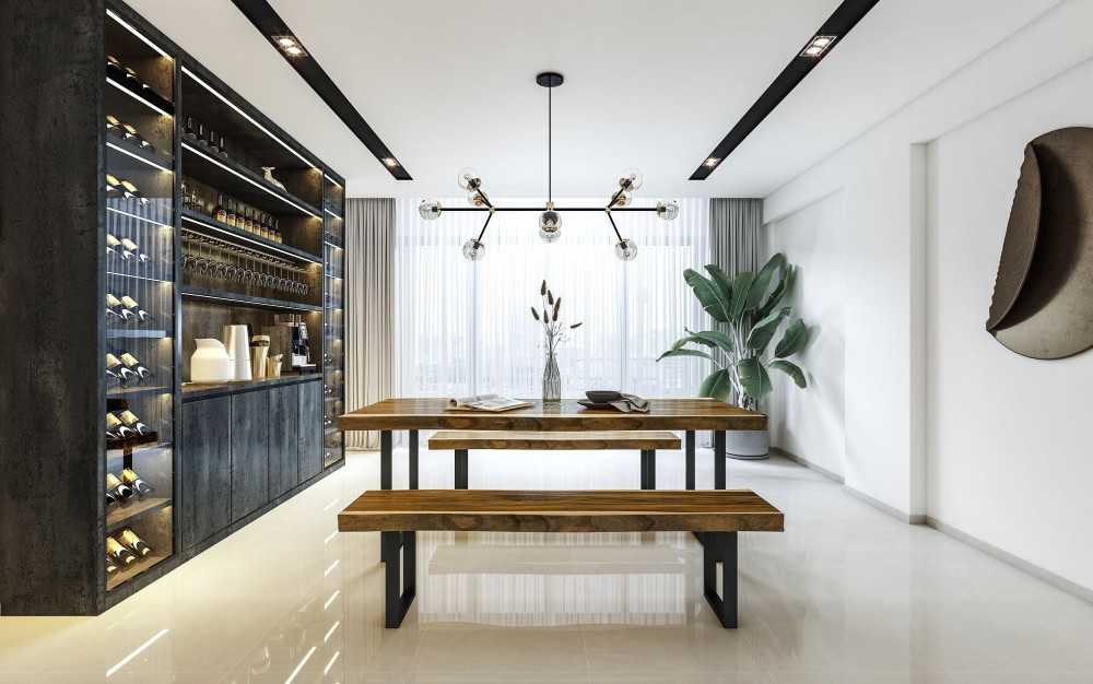 Contemporary Dining Room with Drop Light and Downlights