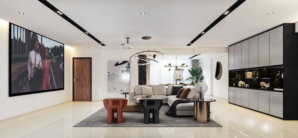 Contemporary Living Room with Homogeneous Tiles and Sofa