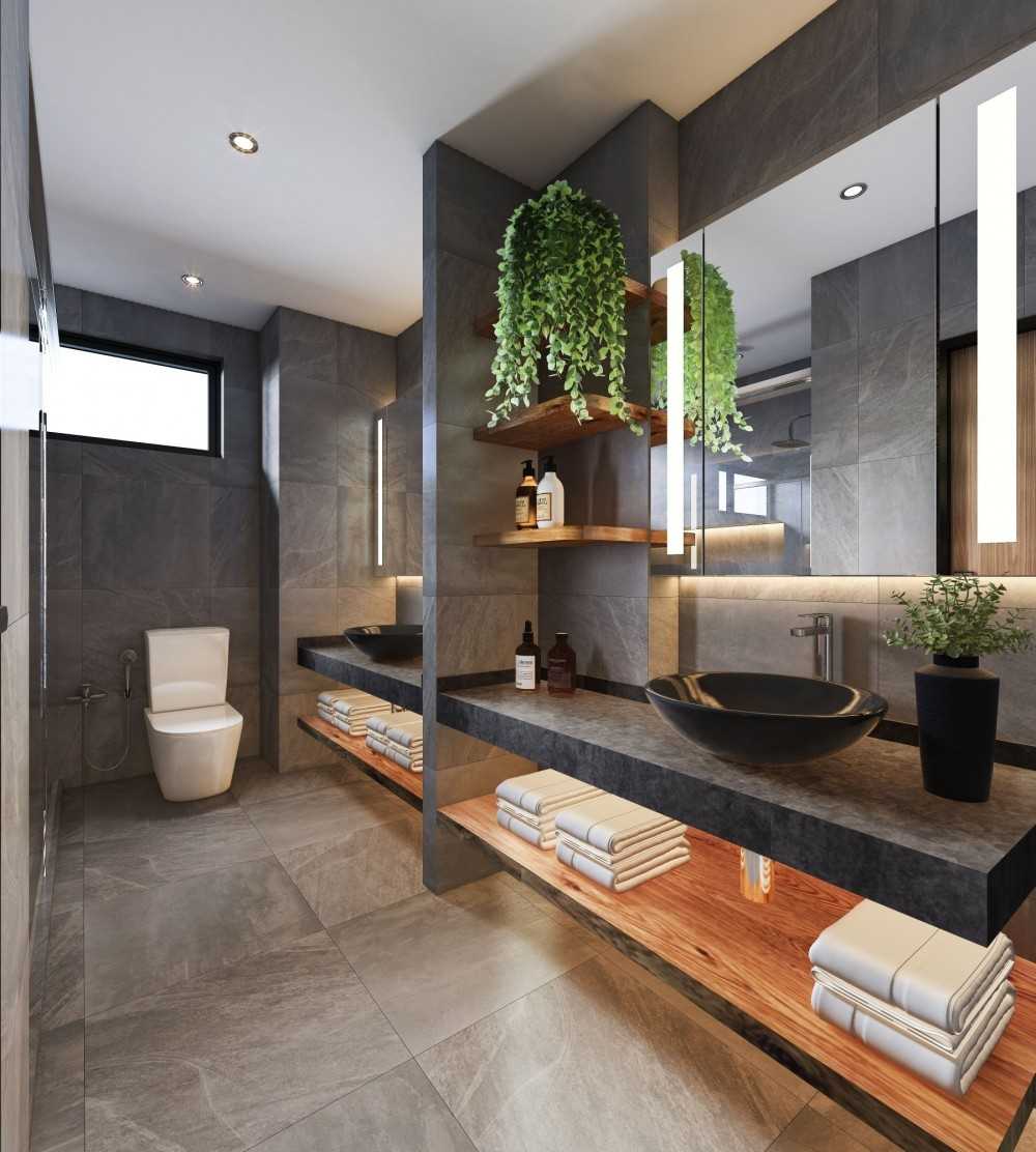 Contemporary Bathroom with Countertop and Homogeneous Tiles