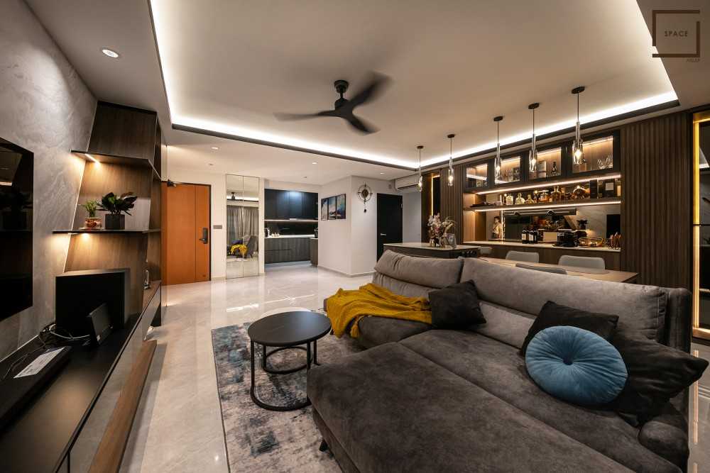 Modern Living Room with Homogeneous Tiles and TV Console