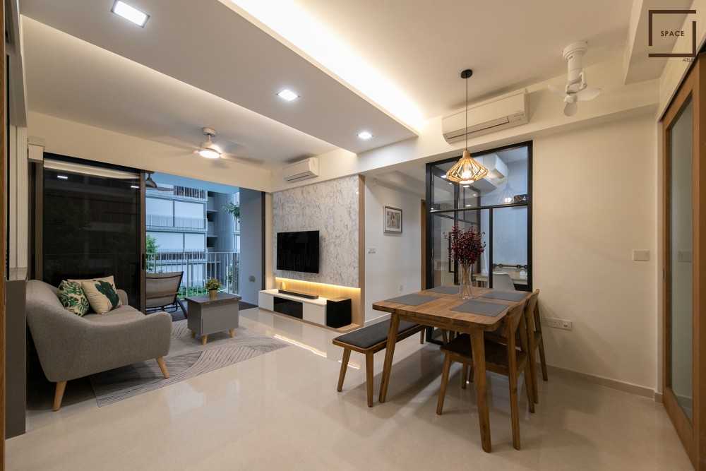 Scandinavian Living Room with TV Console and Feature Wall