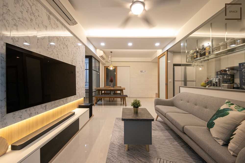 Scandinavian Living Room with Homogeneous Tiles and TV Console