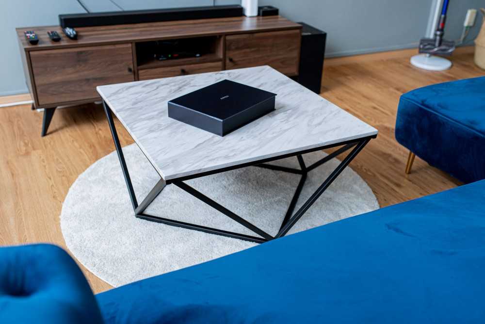 Eclectic Living Room with Vinyl Flooring and TV Console