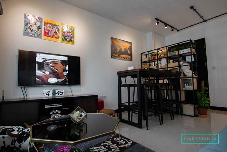 Asian Living Room with Homogeneous Tiles and Roller Blinds