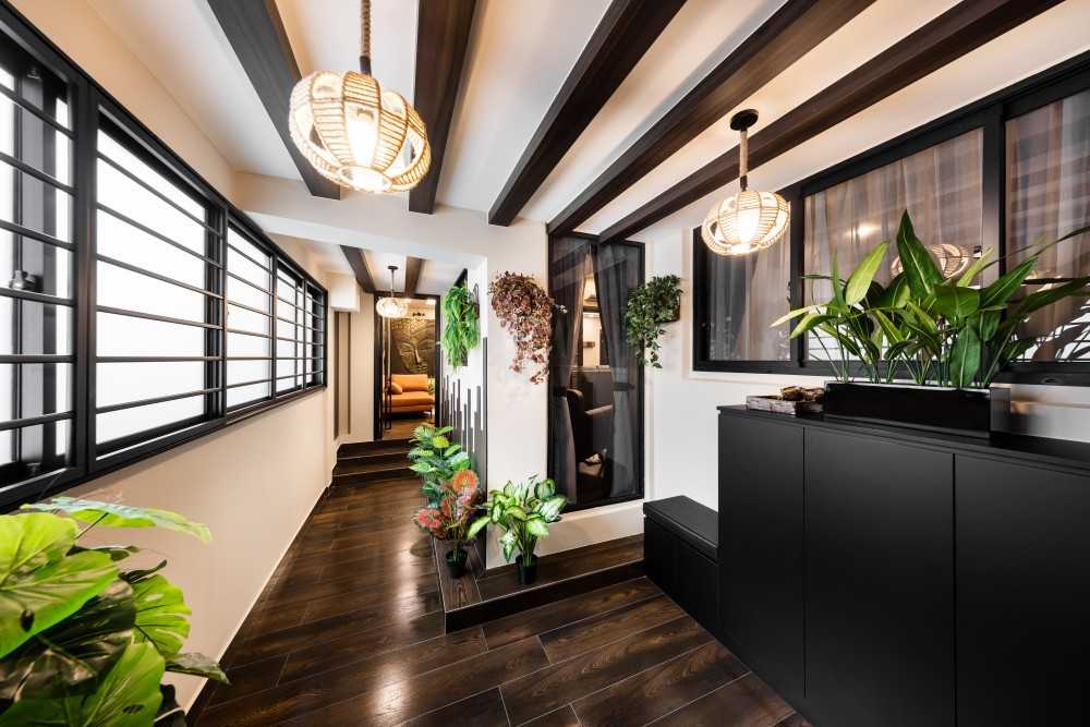 Contemporary Entryway with Window Grille and Seating Bench