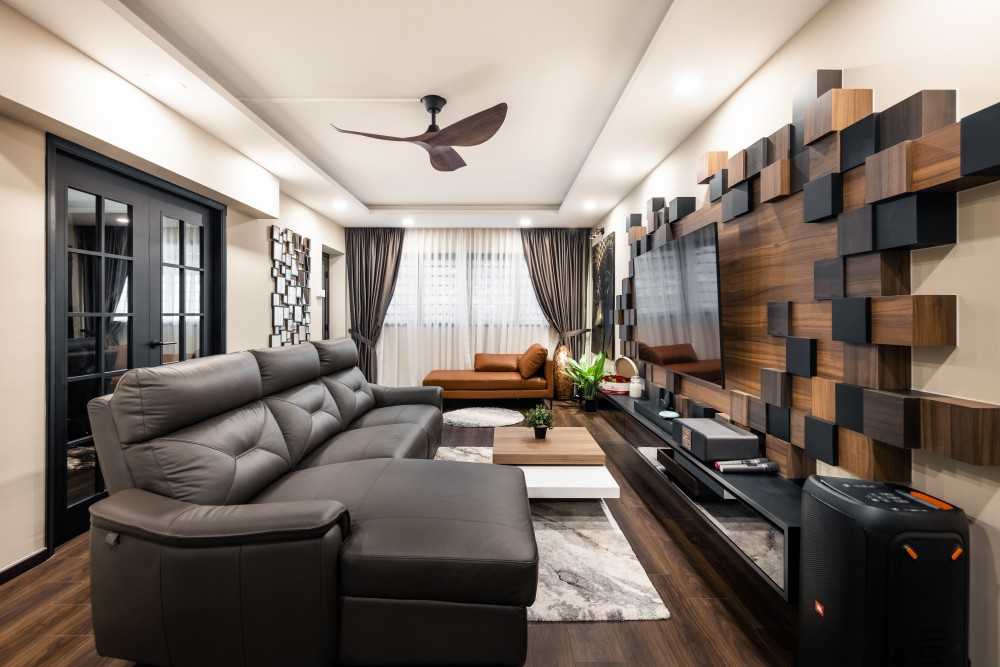 Contemporary Living Room with Vinyl Flooring and Feature Wall