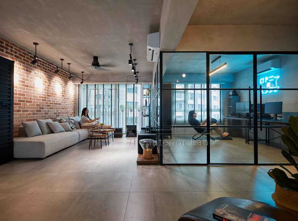 Industrial Living Room with Feature Wall and Glass Door