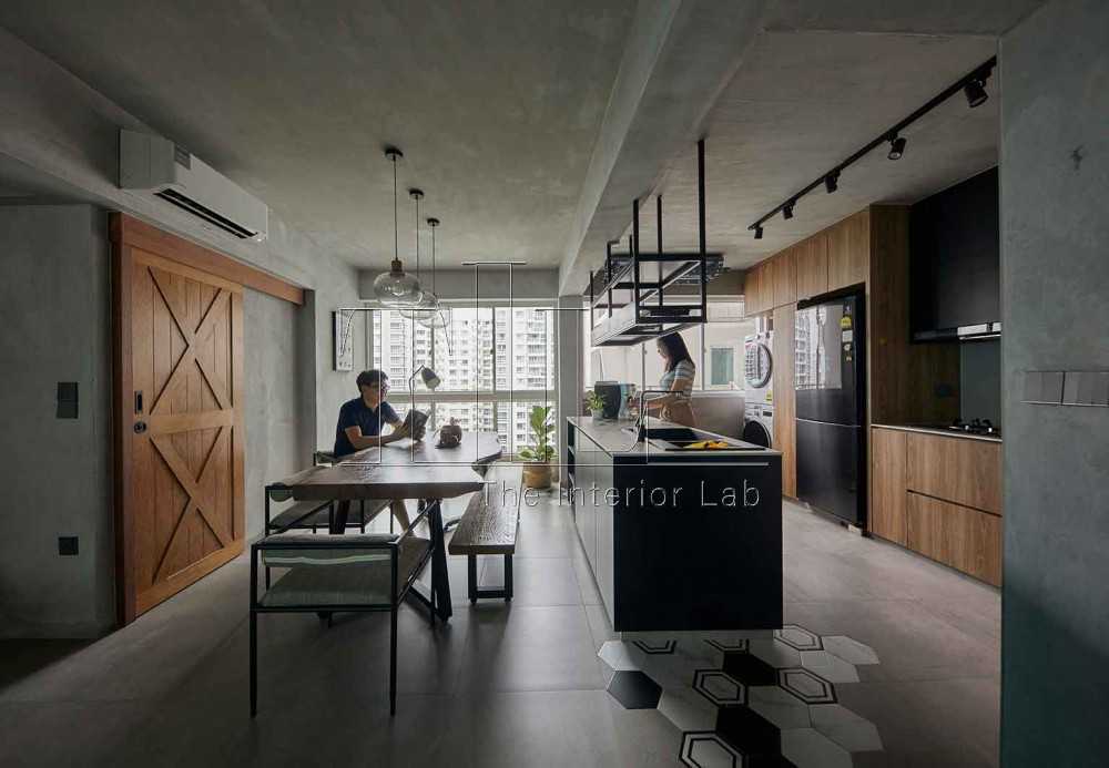 Industrial Dining Room with Kitchen Island and Open Kitchen