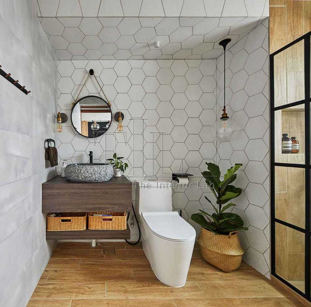 Industrial Bathroom with Countertop and Parquet Floor