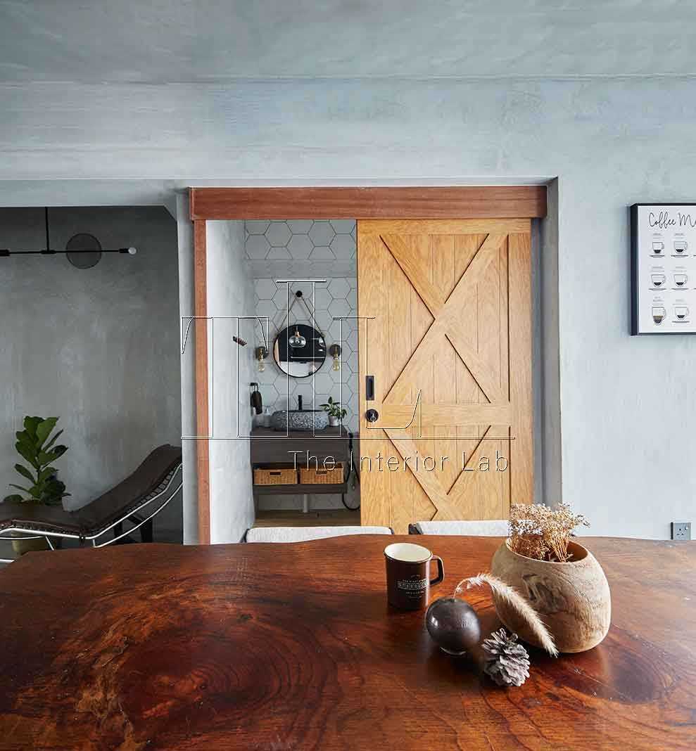 Industrial Bathroom with Countertop and Wood Flooring
