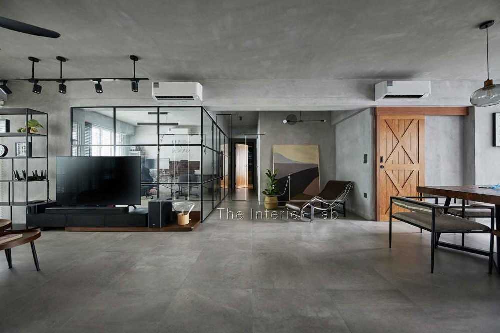 Industrial Living Room with TV Console and Feature Wall