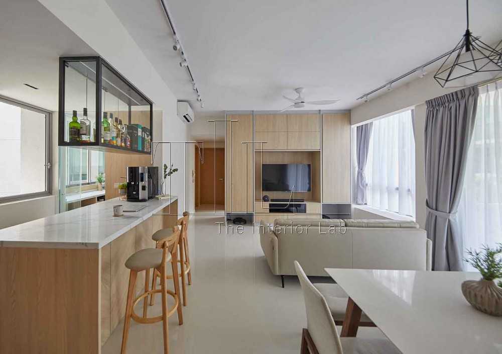 Scandinavian Living Room with Feature Wall and Kitchen Island